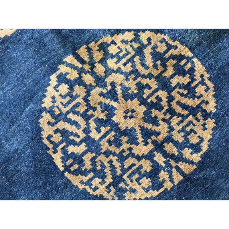 Vintage tibetan carpet in wool and blue cotton 1980