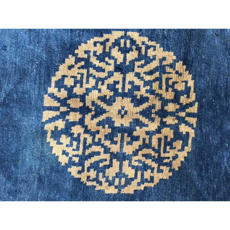 Tapis vintage tibétain en laine et coton bleu 1980