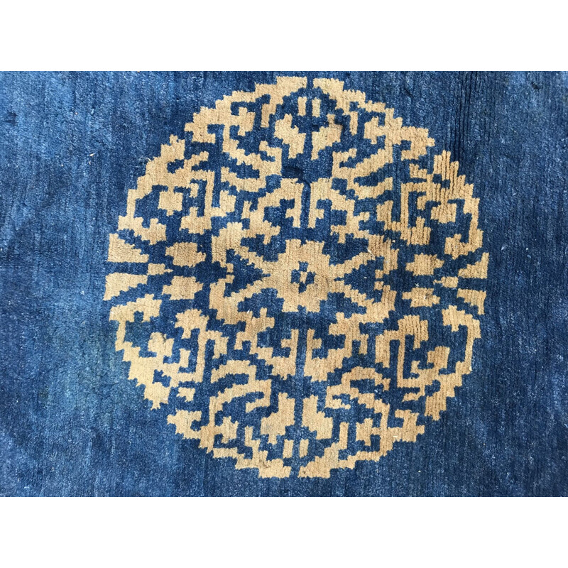 Vintage tibetan carpet in wool and blue cotton 1980