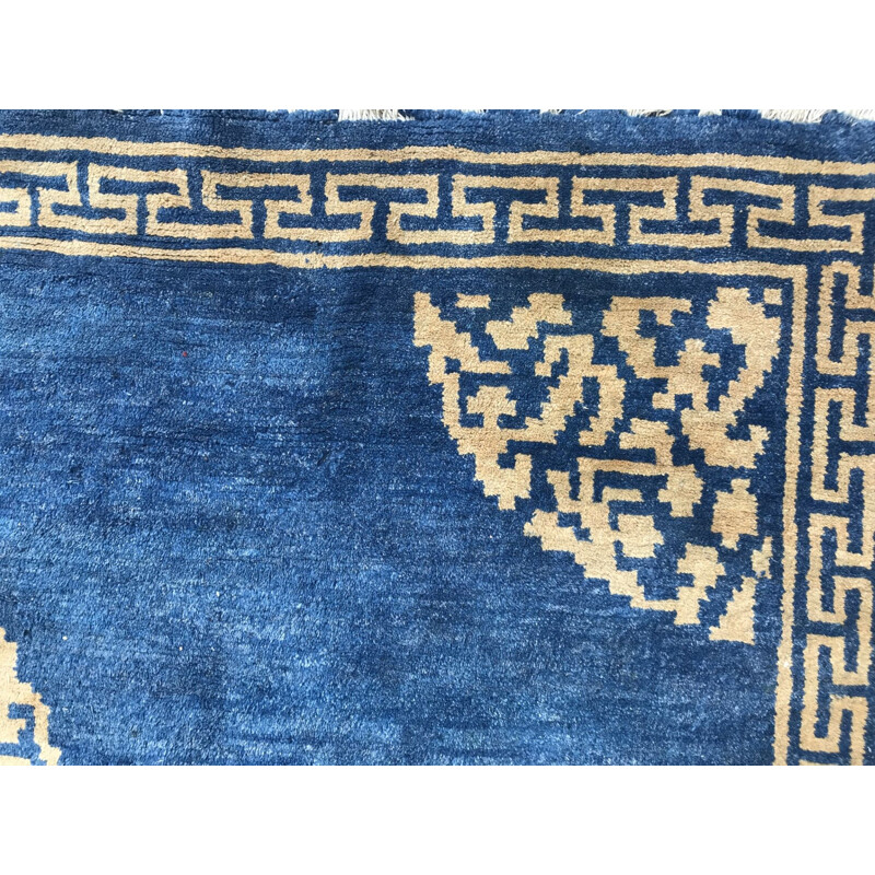 Vintage tibetan carpet in wool and blue cotton 1980