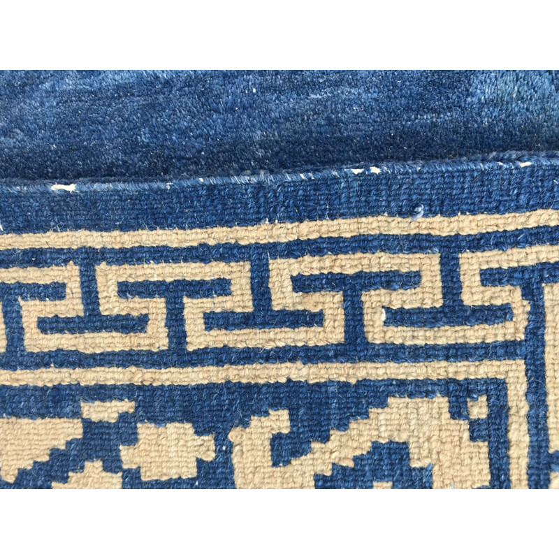 Tapis vintage tibétain en laine et coton bleu 1980