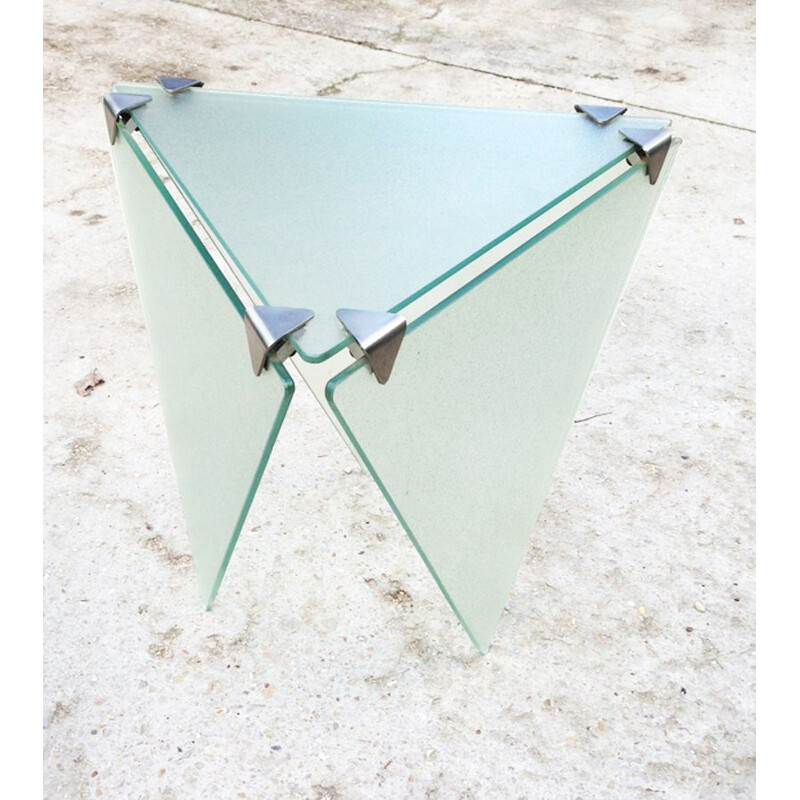 Vintage italian triangular pedestal table in glass and aluminium 1990