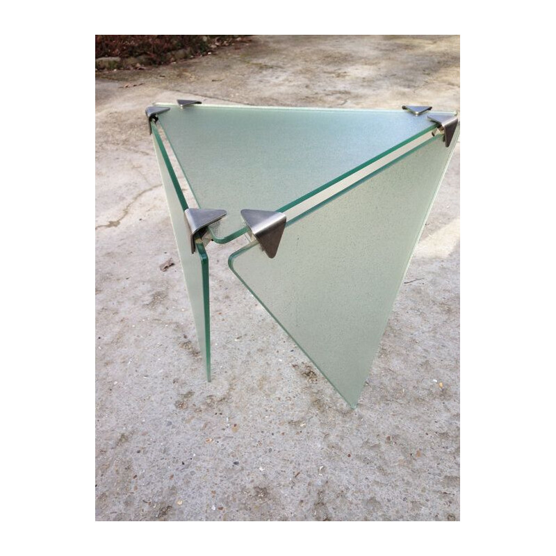 Vintage italian triangular pedestal table in glass and aluminium 1990