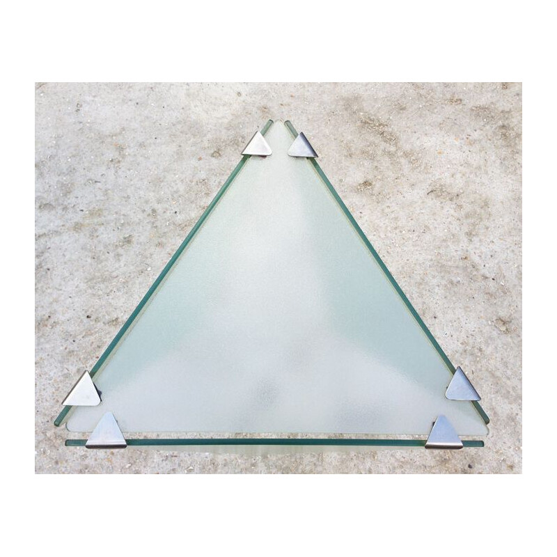 Guéridon vintage italien triangulaire en verre et aluminium 1990