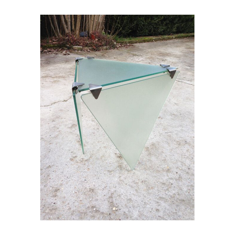 Vintage italian triangular pedestal table in glass and aluminium 1990