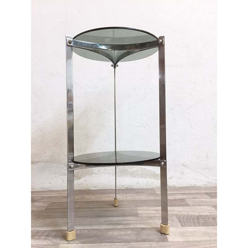 Vintage french side table in smoked glass and chrome 1970