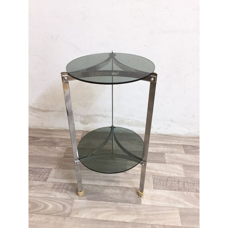 Vintage french side table in smoked glass and chrome 1970