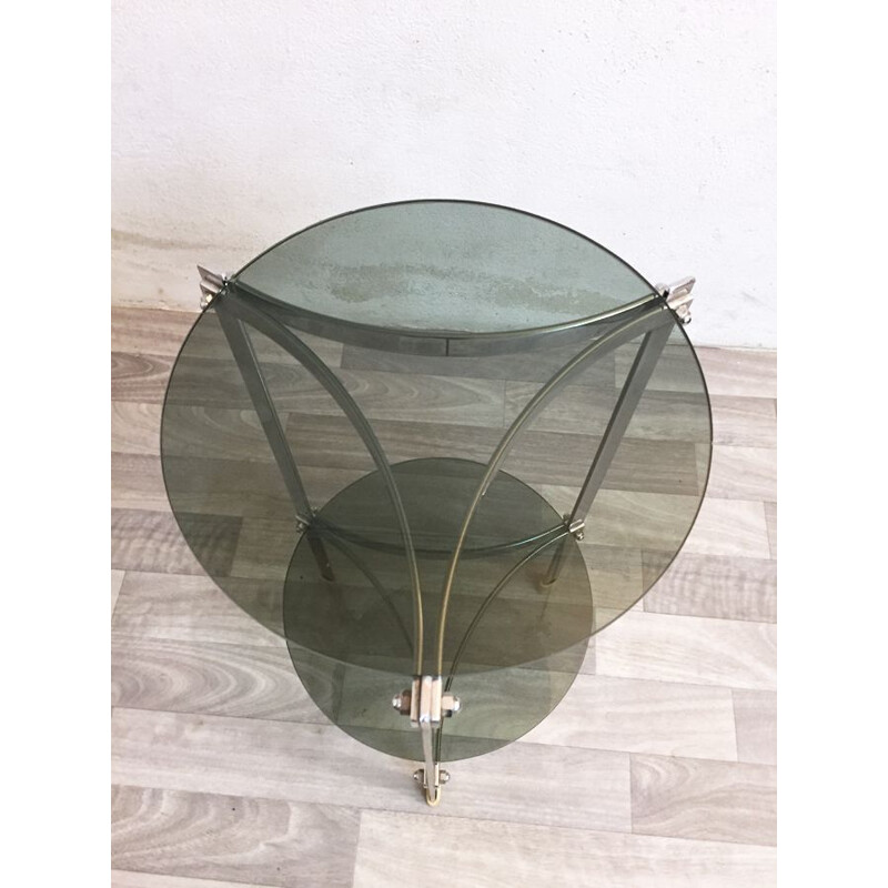 Vintage french side table in smoked glass and chrome 1970
