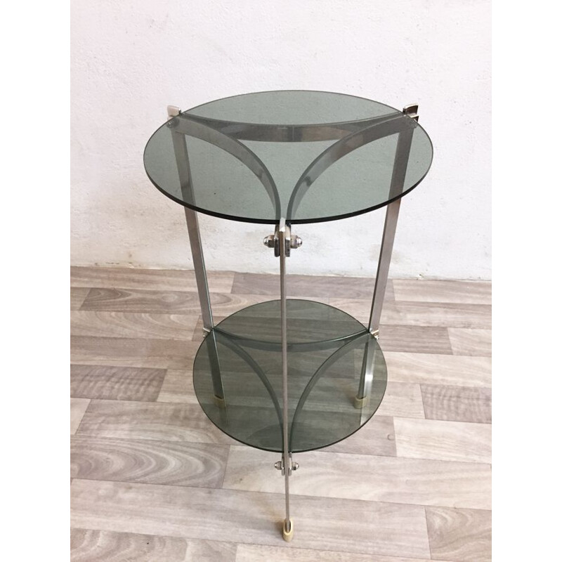 Vintage french side table in smoked glass and chrome 1970