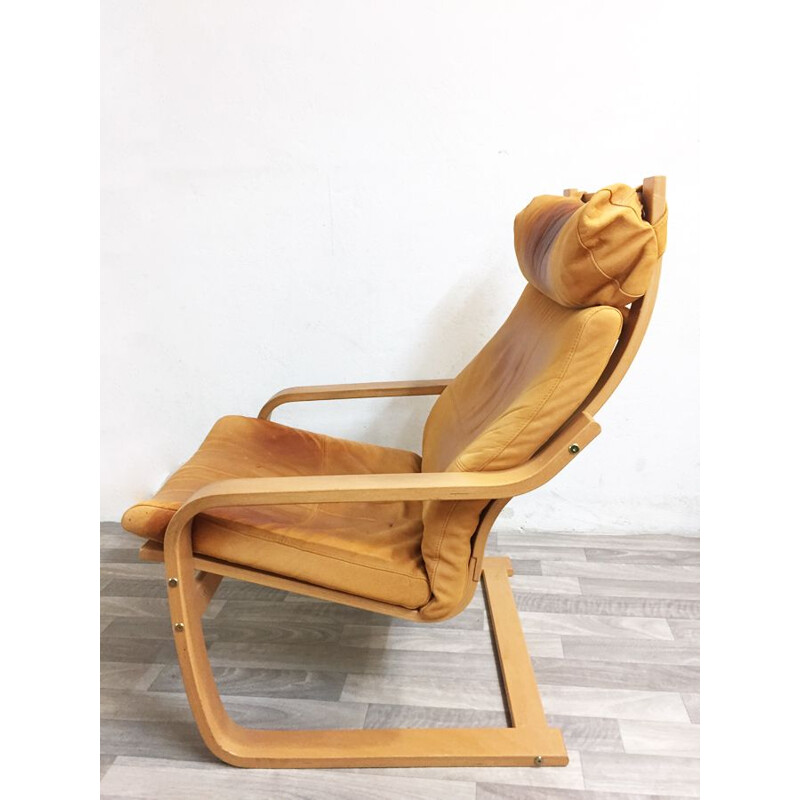 Vintage Poäng armchair for Ikea in leather and birchwood 1990