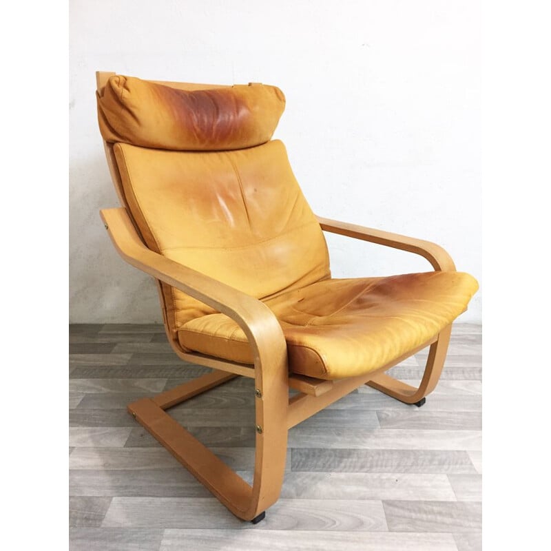 Vintage Poäng armchair for Ikea in leather and birchwood 1990