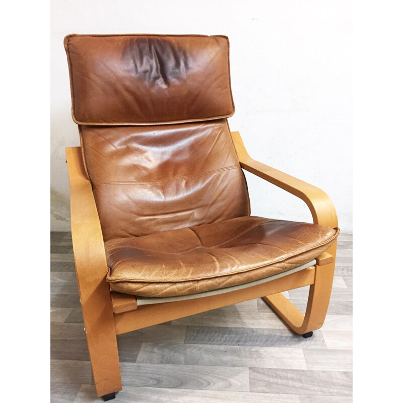 Vintage Poäng armchair for IKEA in leather and birchwood 1990