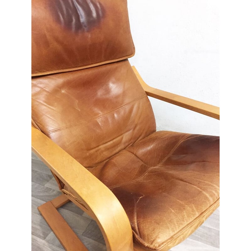 Vintage Poäng armchair for IKEA in leather and birchwood 1990