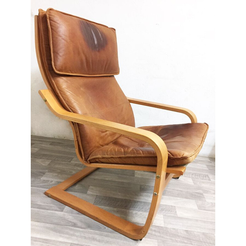 Vintage Poäng armchair for IKEA in leather and birchwood 1990