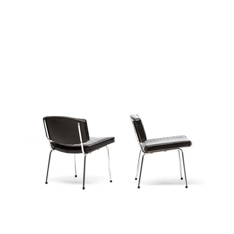 Pair of 2 Conseil chairs in black leatherette and metal, Pierre GUARICHE - 1950s