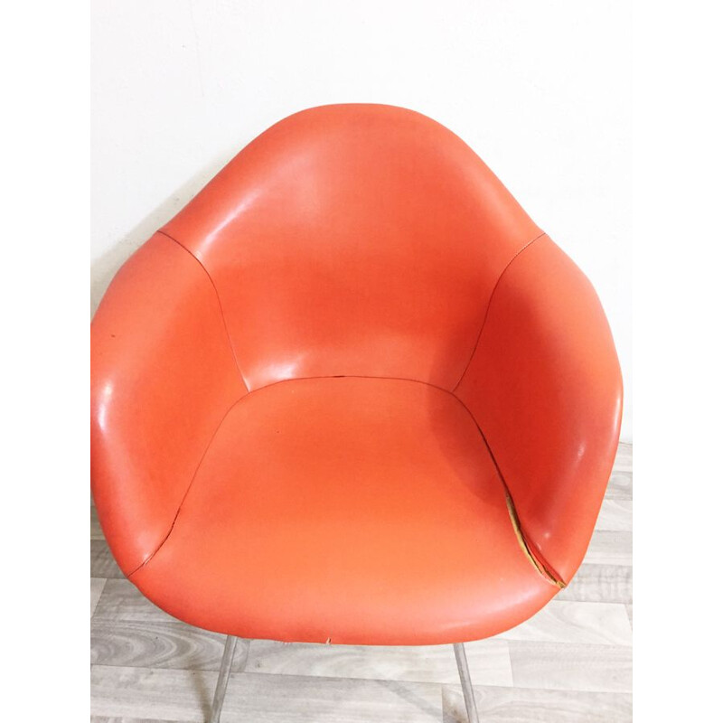Fauteuil vintage Eames DAX pour Erman Miller en cuir orange et métal