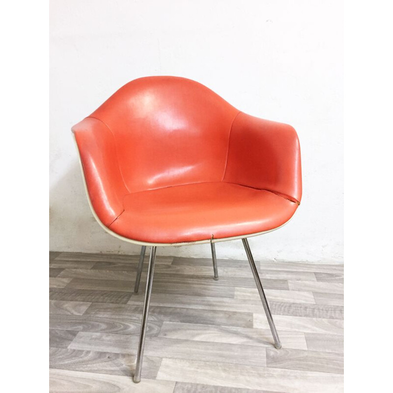 Vintage Eames DAX for Erman Miller orange leather and metal armchair