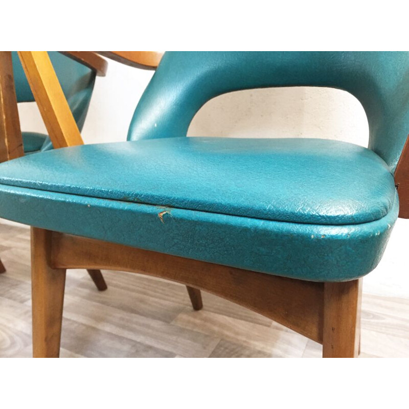 Pair of vintage blue leather and wood chairs 1970 
