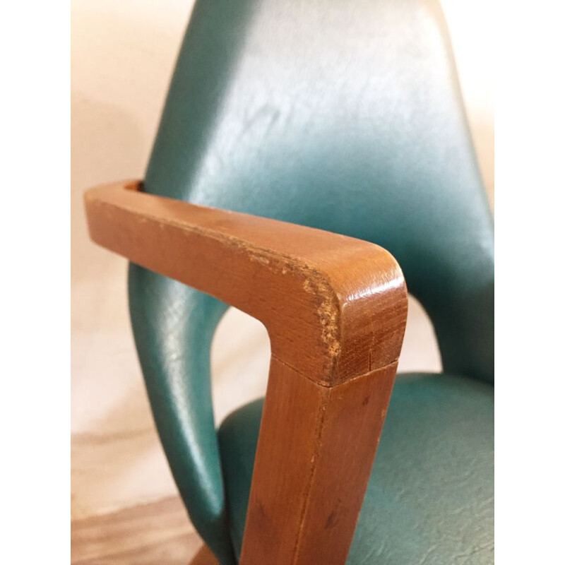 Pair of vintage blue leather and wood chairs 1970 