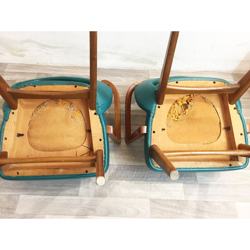 Pair of vintage blue leather and wood chairs 1970 