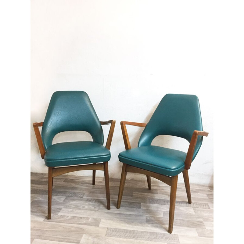 Pair of vintage blue leather and wood chairs 1970 