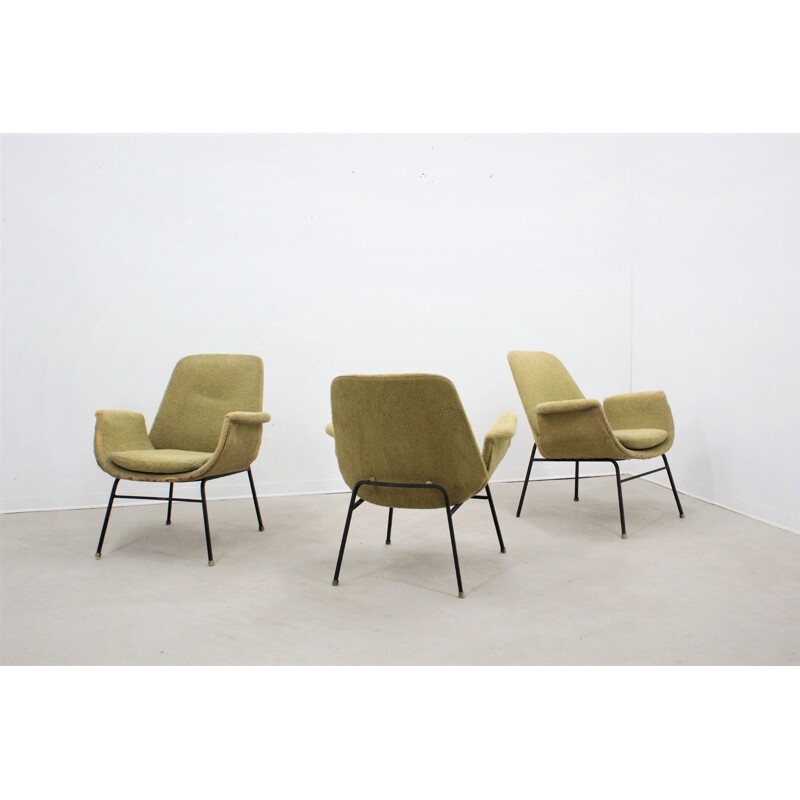 Set of 3 vintage lounge chairs by Rima in yellow fabric 1950