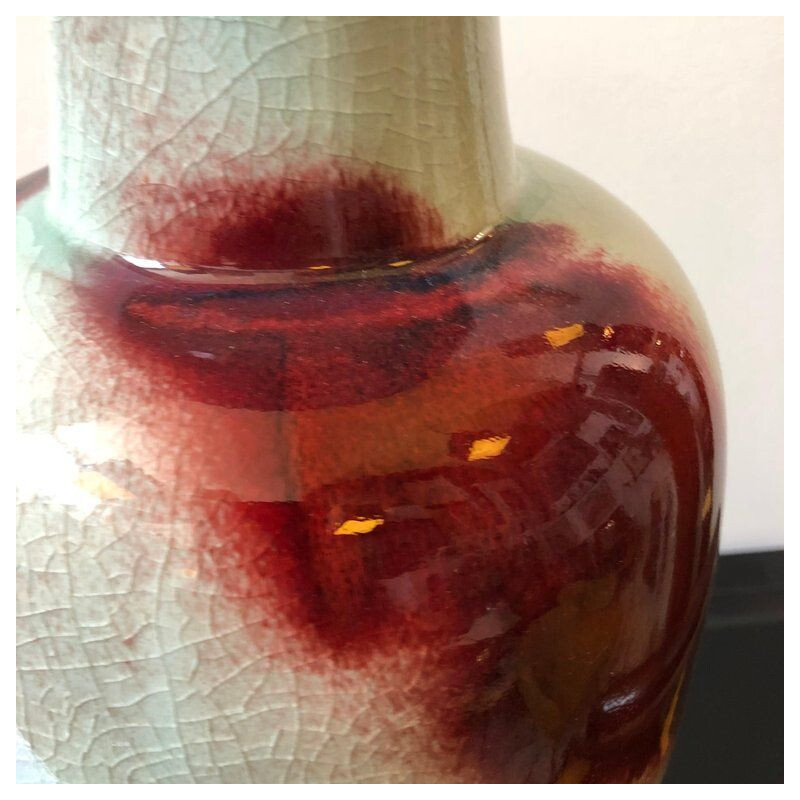 Vase vintage chinois en céramique rouge et grise 1950
