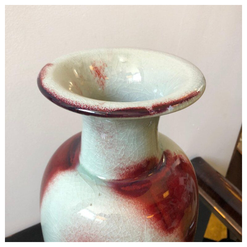 Vase vintage chinois en céramique rouge et grise 1950