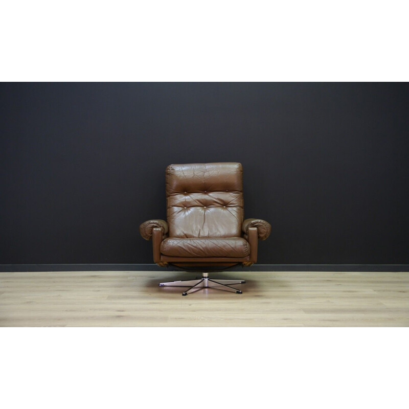 Vintage scandinavian brown leather armchair with steel construction