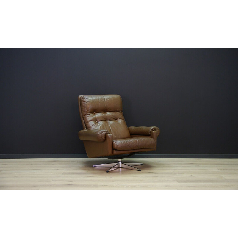 Vintage scandinavian brown leather armchair with steel construction