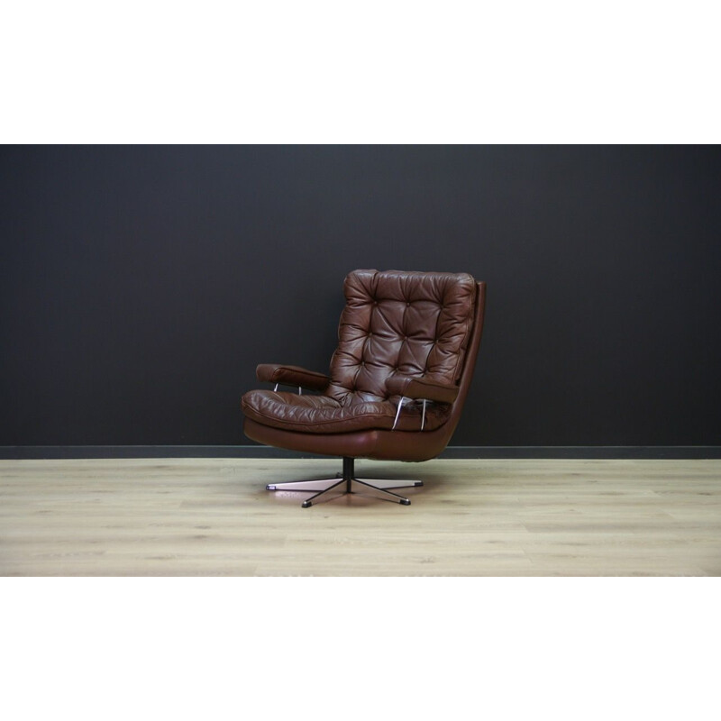 Vintage scandinavian brown leather and steel armchair 1970