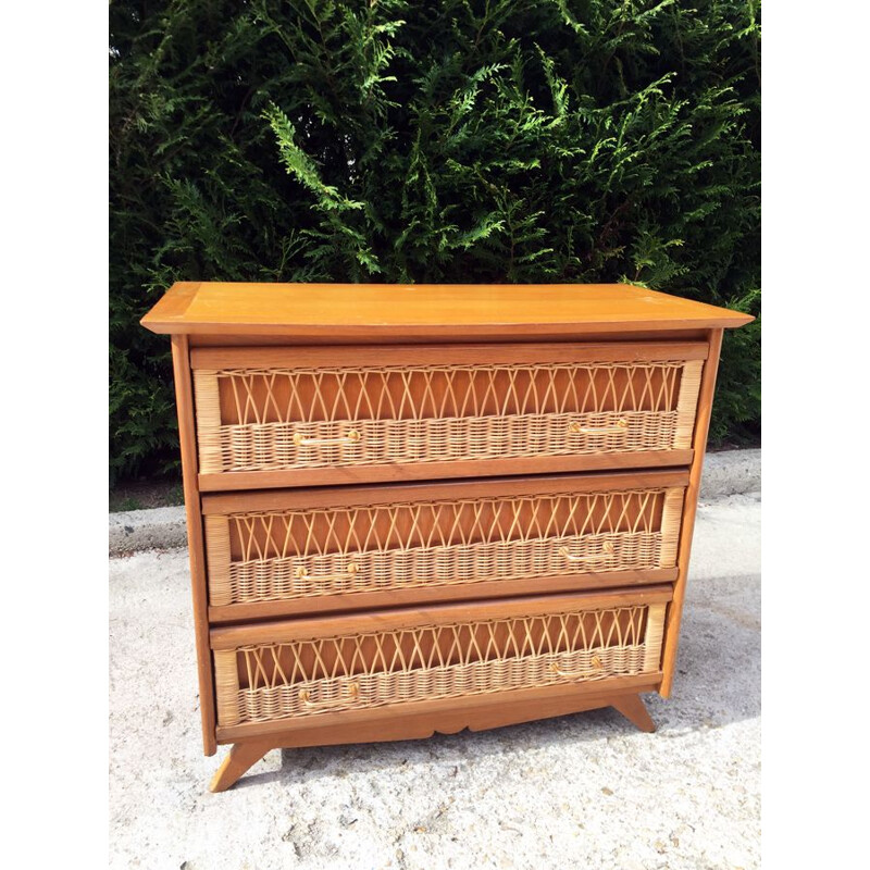 Vintage chest of drawers in rattan with compass feet