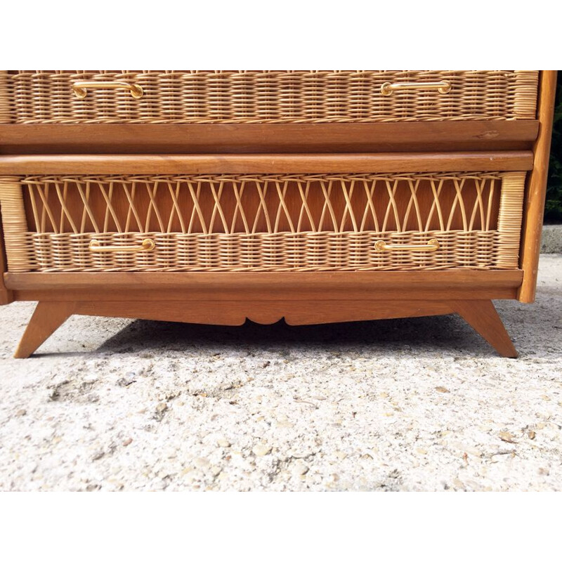 Vintage chest of drawers in rattan with compass feet