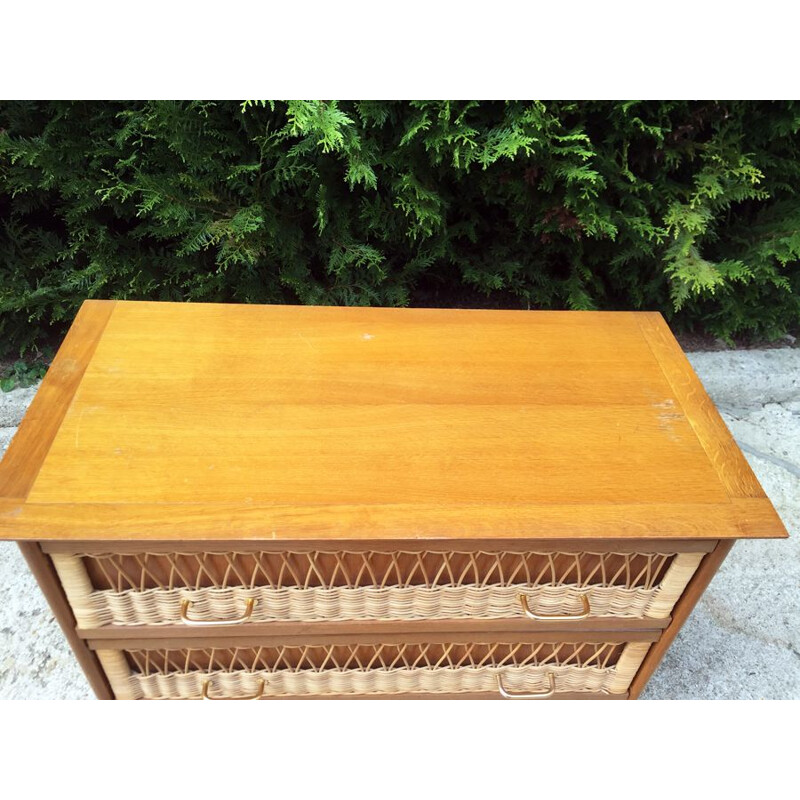 Vintage chest of drawers in rattan with compass feet