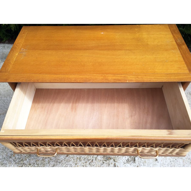 Vintage chest of drawers in rattan with compass feet