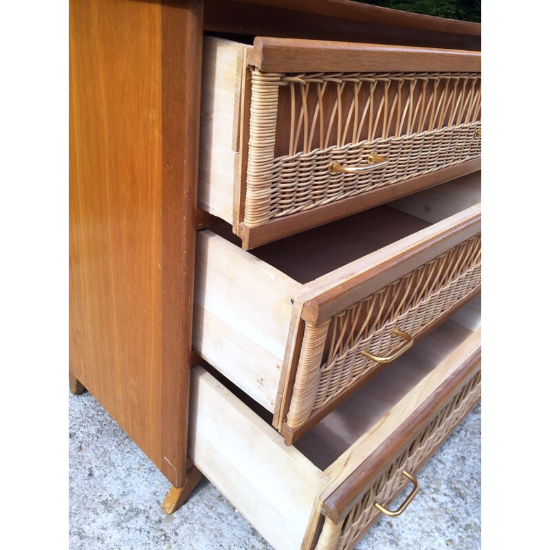 Vintage chest of drawers in rattan with compass feet