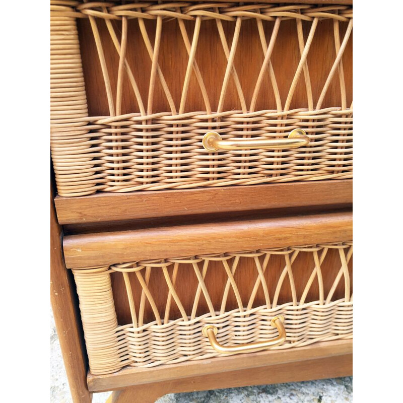 Vintage chest of drawers in rattan with compass feet