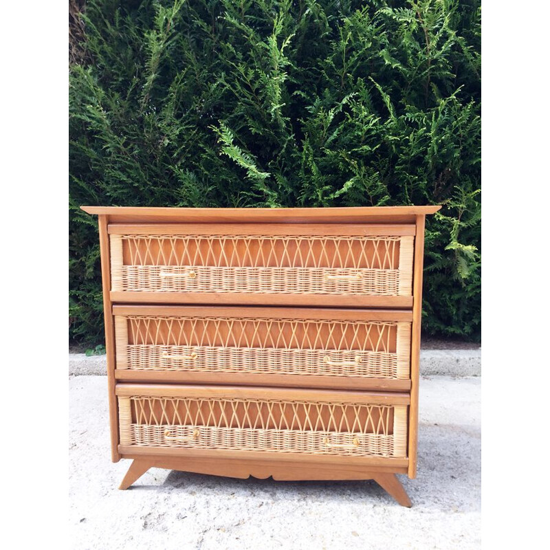 Vintage chest of drawers in rattan with compass feet