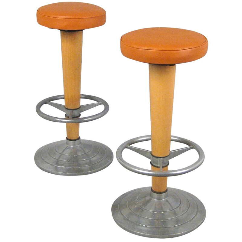 High stool in leather, beechwood and aluminum - 1960s