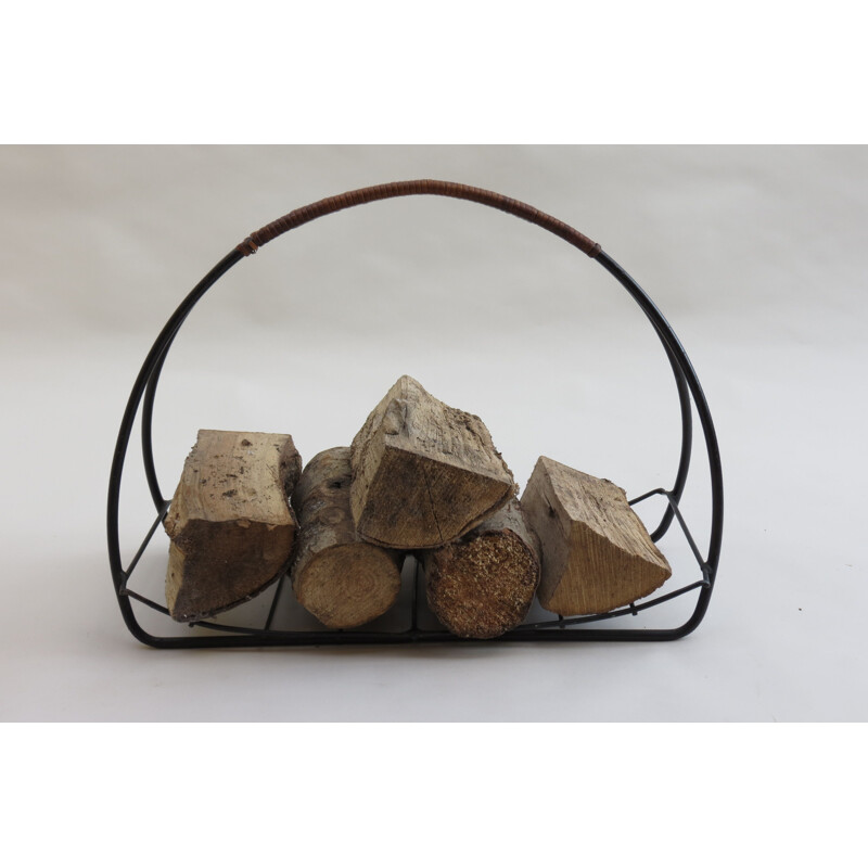 Vintage Scandinavian log basket in metal and cane