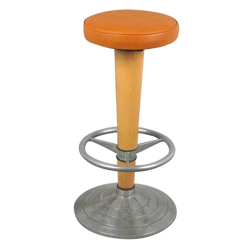 High stool in leather, beechwood and aluminum - 1960s