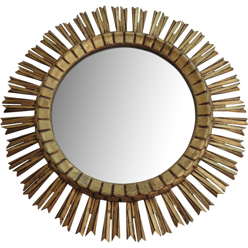 Vintage golden sun mirror in wood from France 1970