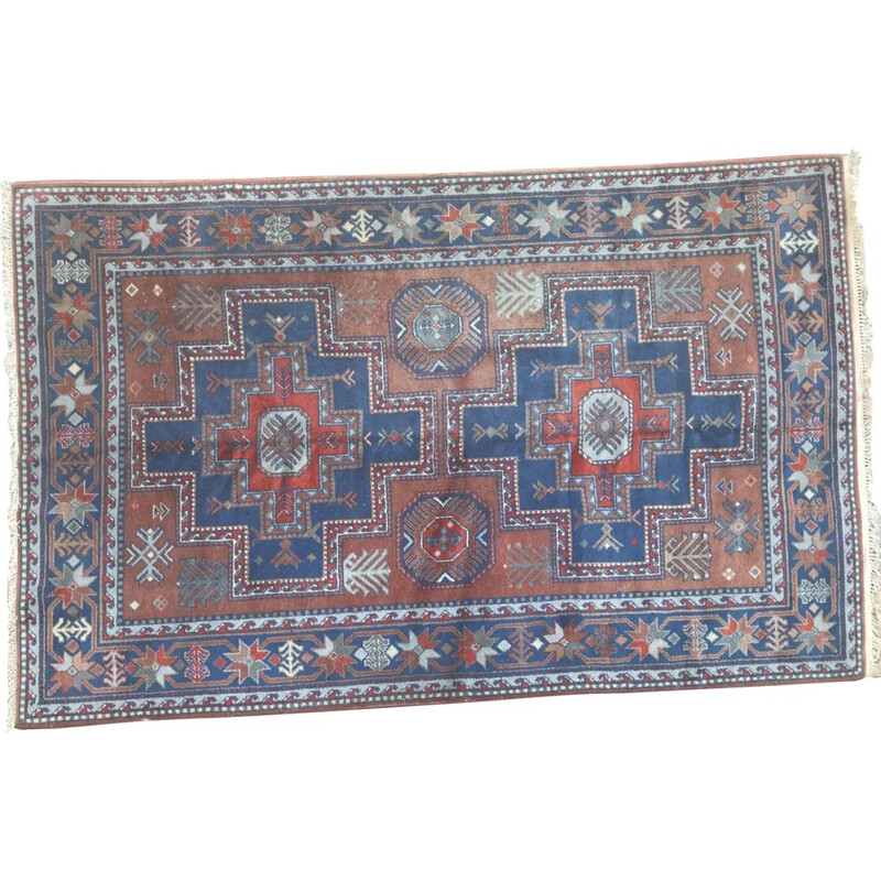 Vintage blue and red Sinkiang carpet in wool and cotton 1970