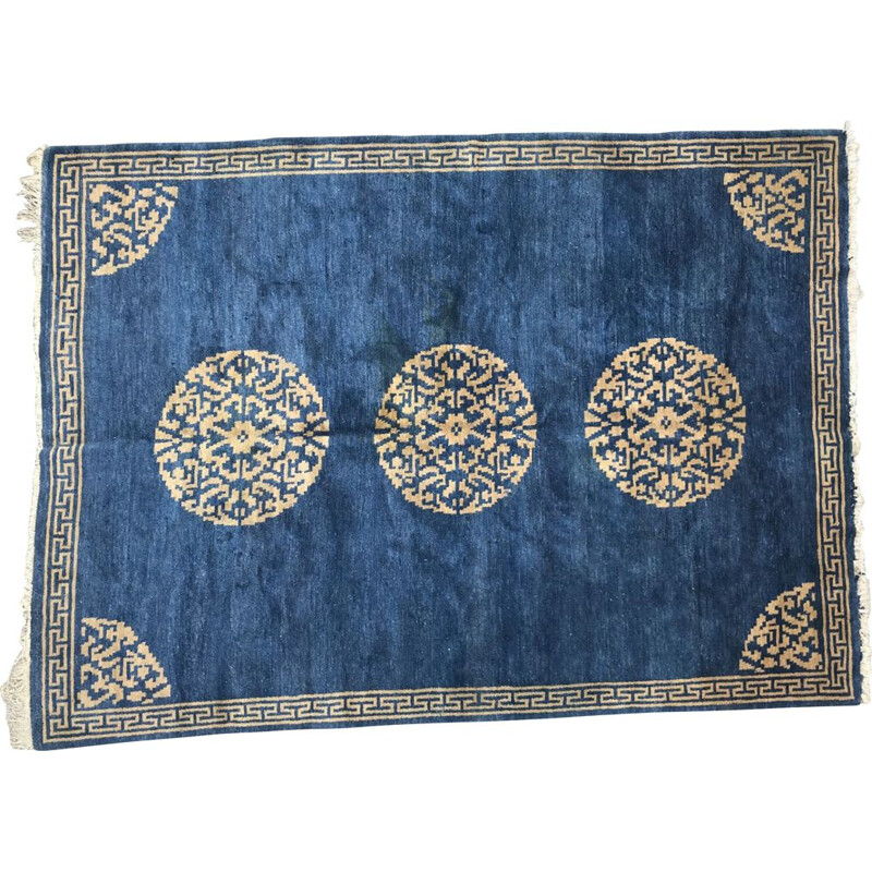 Vintage tibetan carpet in wool and blue cotton 1980