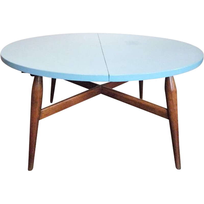 Table basse vintage scandinave Smørrebrød bleue en teck 1960