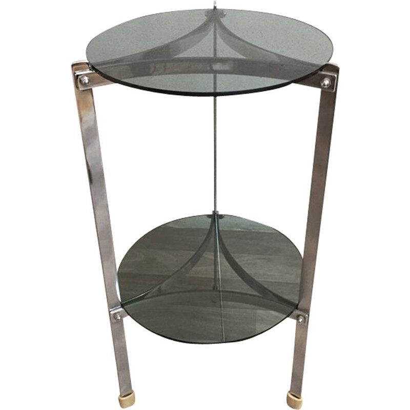 Vintage french side table in smoked glass and chrome 1970