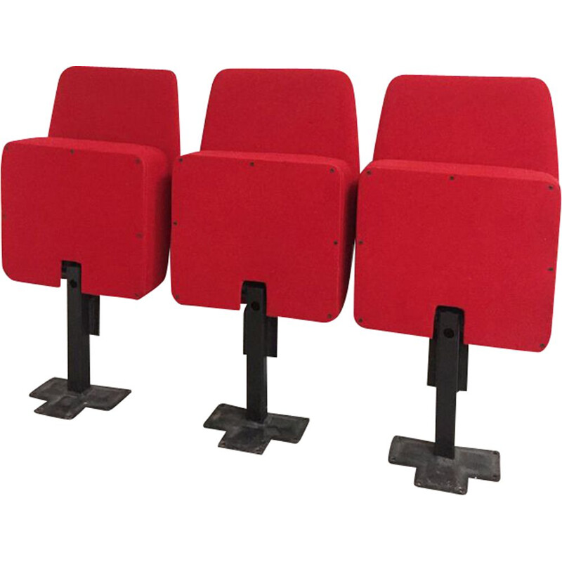 Set of 3 vintage red fold-up seats in velvet and metal