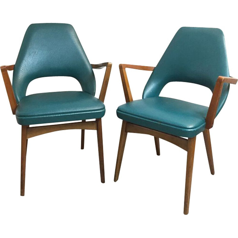 Pair of vintage blue leather and wood chairs 1970 