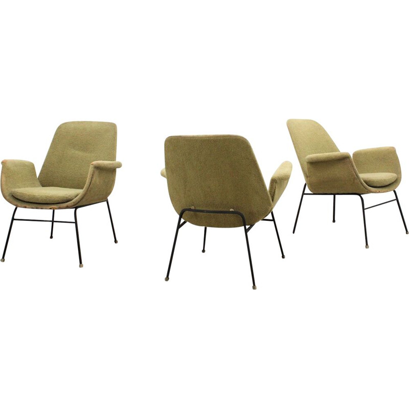 Set of 3 vintage lounge chairs by Rima in yellow fabric 1950