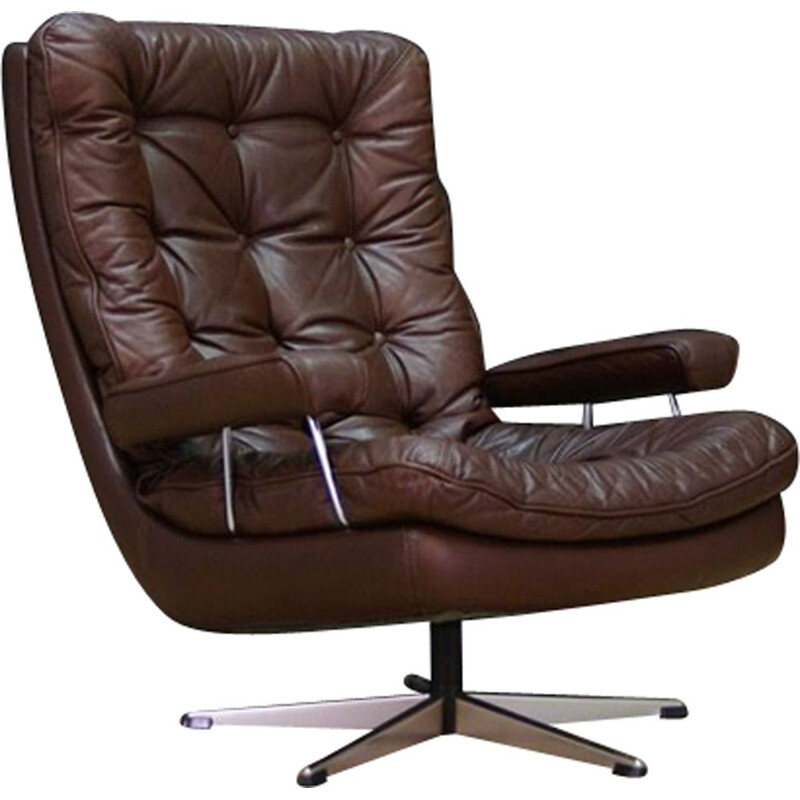 Vintage scandinavian brown leather and steel armchair 1970